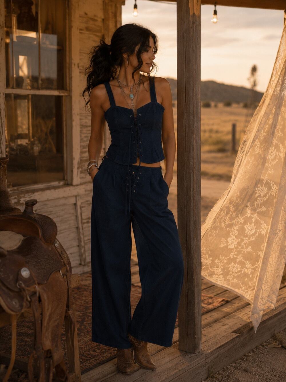Tyler McGillivary 100% Cotton Blue Corduroy LaceUp Top Wide Leg Pant Set Size XS